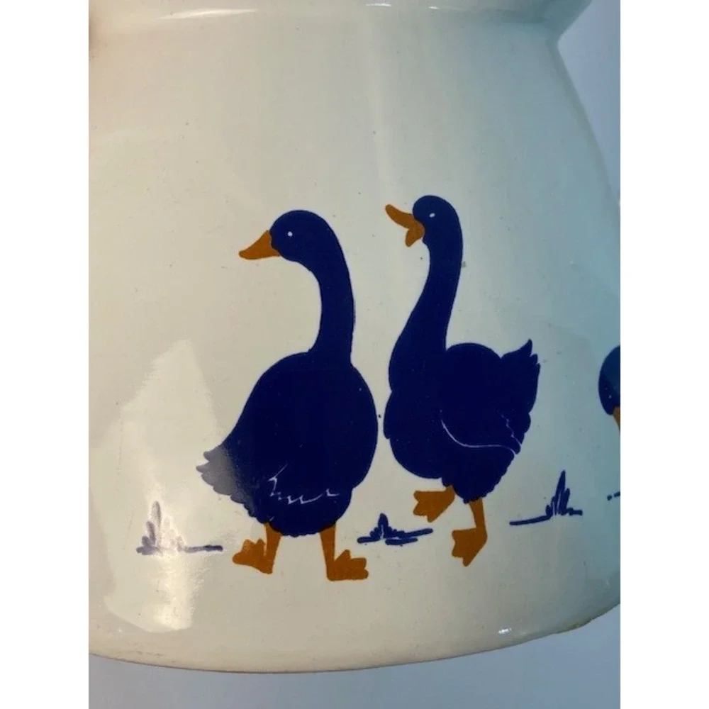Vintage Blue Goose Ceramic Pitcher White Stoneware Farmhouse Country Creamer